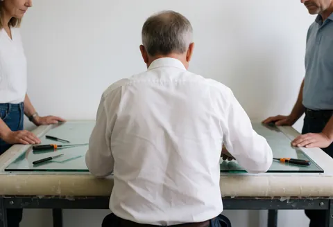 Un technicien effectue une réparation sur un panneau vitré dans un atelier avec des outils et des murs blancs, illustrant un service de vidrierie.