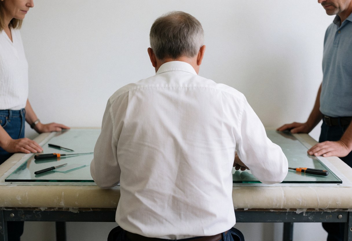 Un technicien effectue une réparation sur un panneau vitré dans un atelier avec des outils et des murs blancs, illustrant un service de vidrierie.