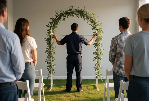 Un homme mesure un arc blanc décoré de guirlandes pour une cérémonie en extérieur, entouré de chaises et de spectateurs sur une pelouse.