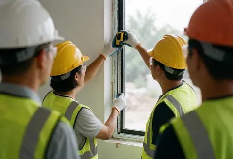 Trois professionnels en tenue de sécurité mesurent avec précision une ouverture de fenêtre sur un chantier.