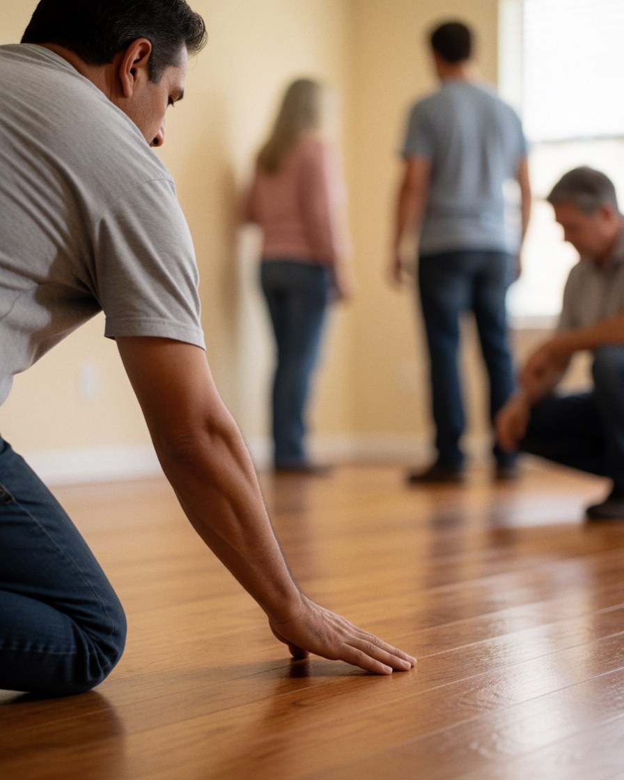 Une main effleure un plancher en bois neuf dans un salon aux murs beiges et à l'éclairage chaleureux, mettant en valeur la qualité de l'installation.