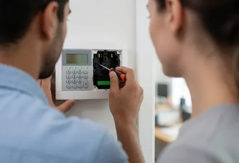 Un technicien ajuste un panneau d'alarme avec un tournevis pendant qu'un client observe le service de réparation à domicile.