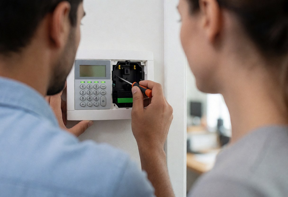 Un technicien ajuste un panneau d'alarme avec un tournevis pendant qu'un client observe le service de réparation à domicile.