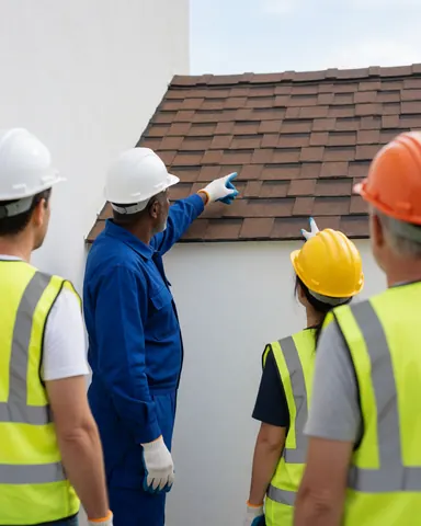 Un ouvrier en casque et gilet de sécurité explique l'installation d'un toit en tuiles brunes sur une façade blanche.