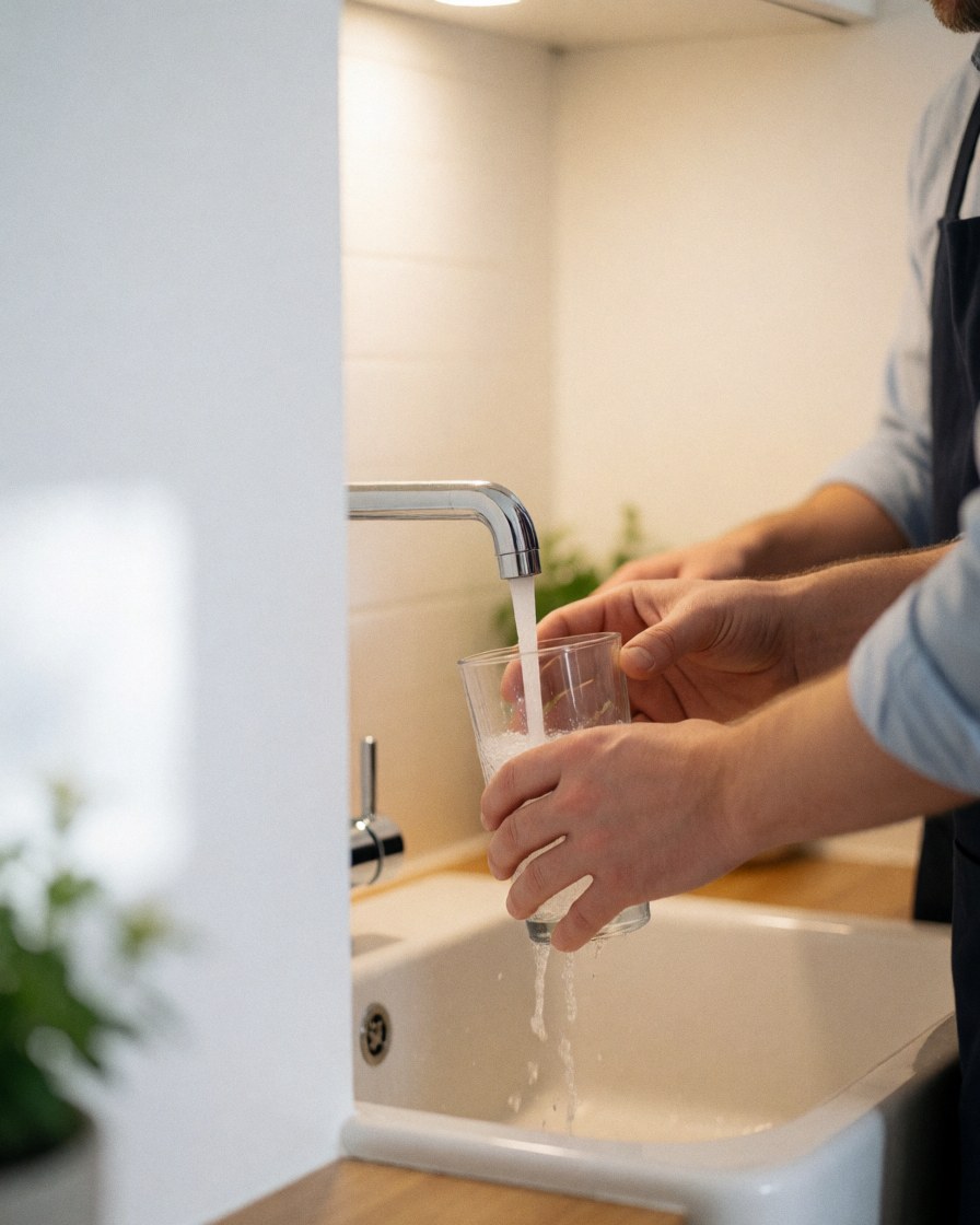Plombier en tablier remplissant un verre transparent sous un robinet de cuisine, illustrant un service de réparation d'eau avec un évier blanc.