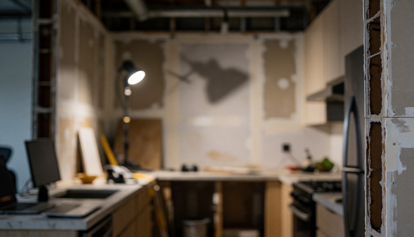 Cuisine en cours de rénovation montrant des murs en plâtre et une structure en bois exposée, idéale pour les installateurs de cuisines modernes.