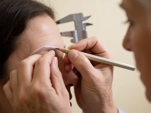 Professionnelle dessinant une ligne blanche sur le sourcil d'une cliente avec un calibreur métallique dans un salon de microblading.