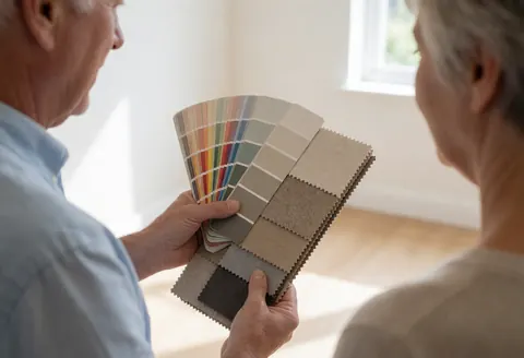 Un peintre montre des échantillons de couleur et de texture à un client dans une pièce vide aux murs blancs baignés de lumière naturelle.