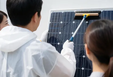 Un technicien en tenue blanche utilise une longue brosse pour nettoyer un panneau solaire sur fond blanc, illustrant un service de maintenance professionnelle.