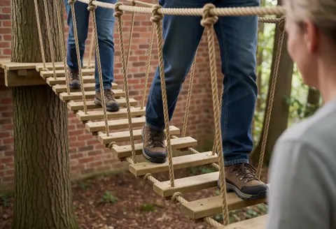 Des chaussures de randonnée posées sur les planches d'un pont suspendu entre des arbres avec un mur de briques rouges en arrière-plan.