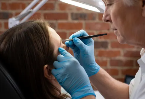 Une artiste effectue un traitement de microblading en studio, portant des gants bleus et utilisant un outil manuel sur un client.