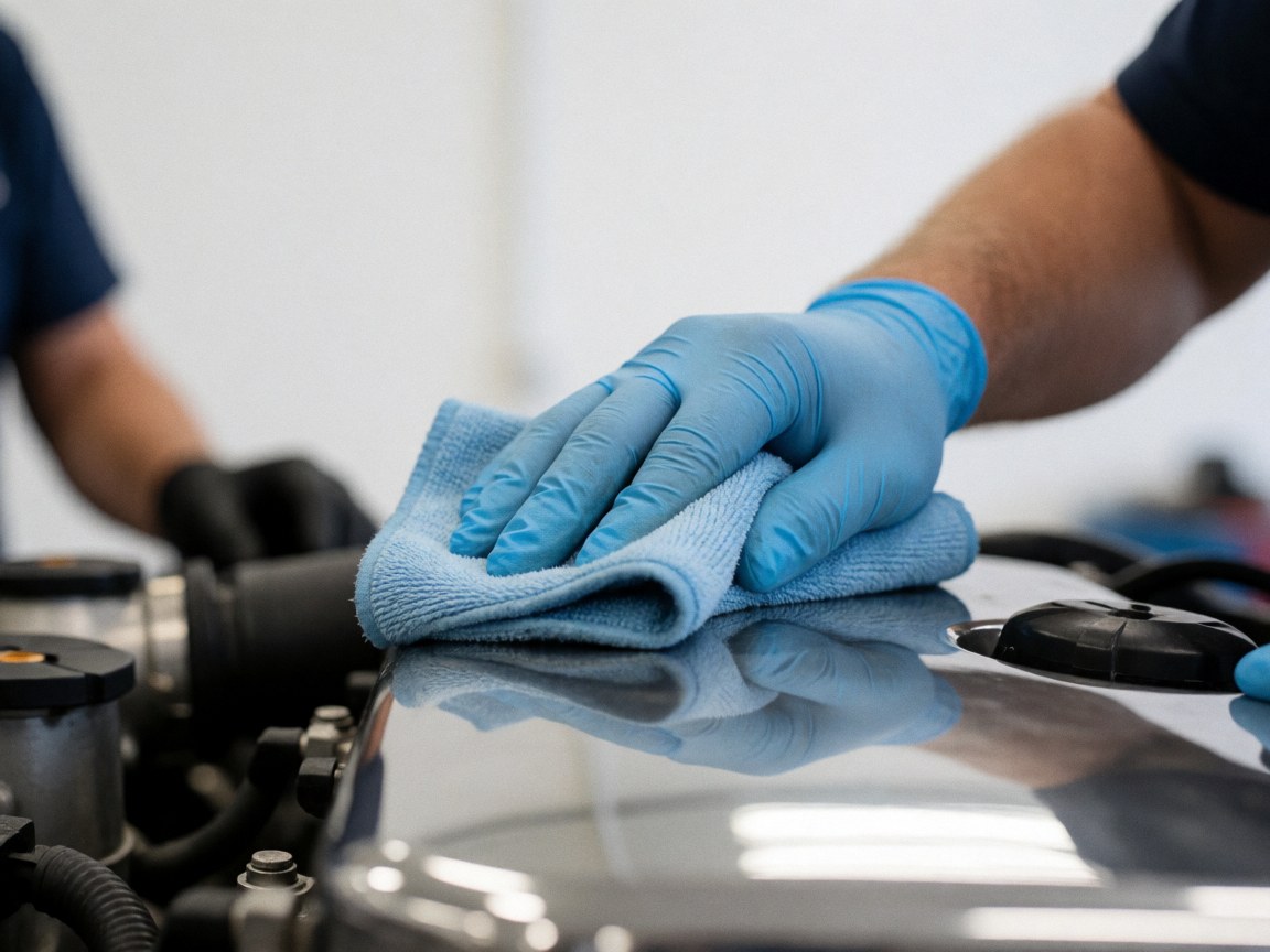 Une main portant un gant bleu utilise une serviette en microfibre pour nettoyer un composant métallique poli dans un atelier automobile.