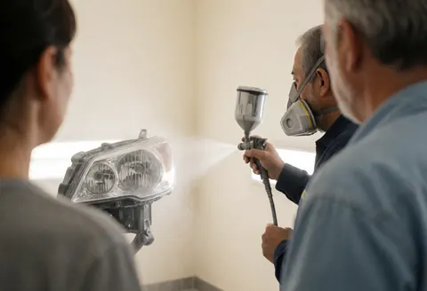 Un technicien en masque applique de la peinture en aérosol sur un phare dans un atelier à murs blancs, deux personnes observent.