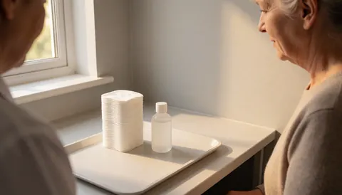 Cotonnettes imbibées de solution saline disposées sur un plateau propre, éclairé par la lumière naturelle dans un cabinet professionnel.