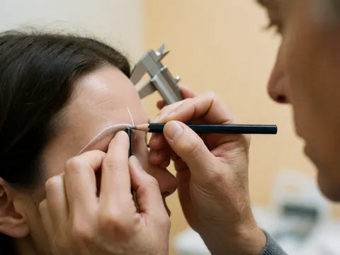 Un professionnel dessine une ligne blanche avec un crayon sur le sourcil d'une cliente, un calibreur métallique visible en arrière-plan dans un salon de microblading.