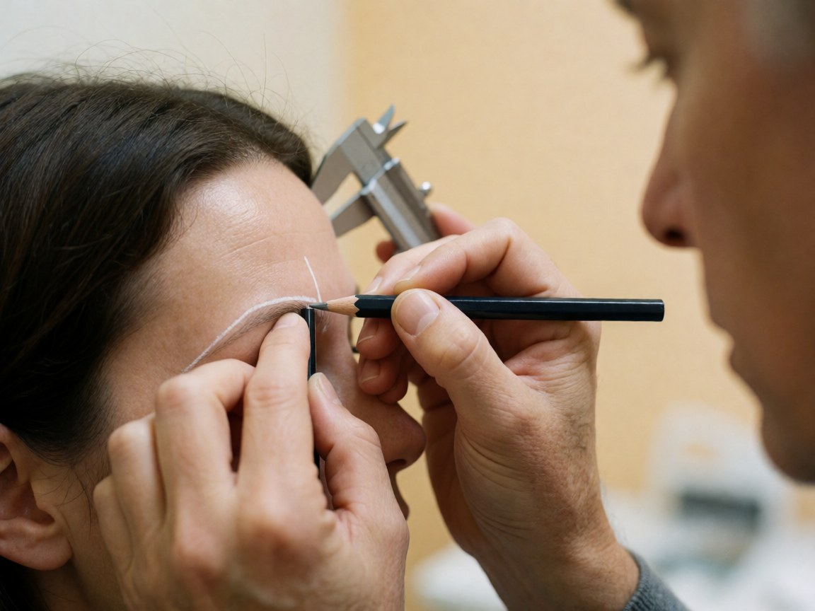 Un professionnel dessine une ligne blanche avec un crayon sur le sourcil d'une cliente, un calibreur métallique visible en arrière-plan dans un salon de microblading.