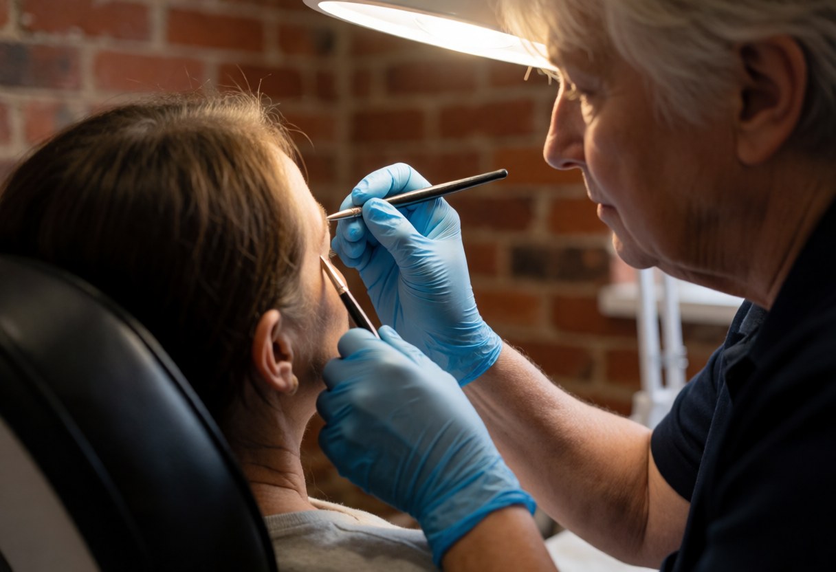 Une artiste en gants bleus réalise un microblading sur une cliente à l'aide d'un pinceau, dans un salon avec mur de briques et éclairage professionnel.