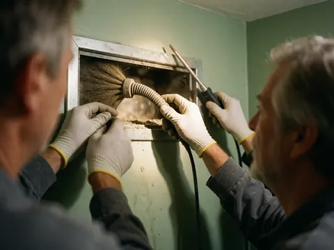 Deux techniciens en gants nettoient un conduit de ventilation avec une brosse souple, sur fond vert pâle, illustrant un service de réparation.
