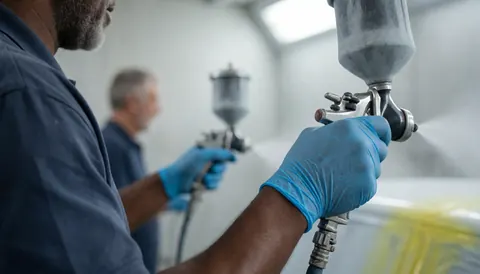 Travailleur portant un gant bleu applique de la peinture à l'aide d'un pistolet dans un atelier automobile, avec un autre professionnel en arrière-plan flou.