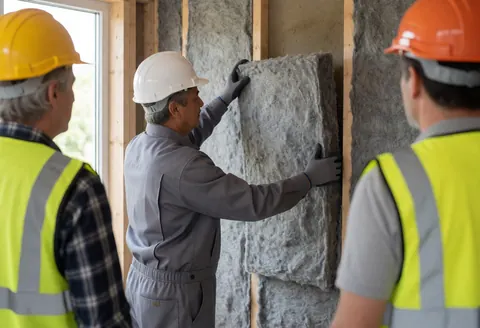 Un technicien installe un matériau d'isolation thermique sur une paroi en bois, portant des gants de protection et un casque de chantier. Deux collègues observent la réalisation du travail.