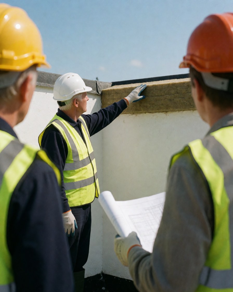 Un technicien en casque blanc et gilet jaune examine l'isolation sur un toit, tandis qu'un collègue consulte des plans sous un ciel clair.