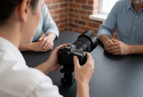 Un photographe ajuste une caméra professionnelle lors d'un atelier de photographie avec des clients observant la scène.