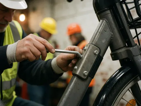 Un mécanicien portant un casque et un gilet de sécurité ajuste des vis sur le cadre d'un vélo à l'aide d'une clé hexagonale dans un atelier.