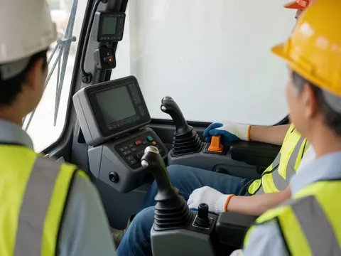 L'opérateur de la grue est assis dans la cabine avec des leviers et un écran numérique, tandis que deux collègues observent depuis l'extérieur sur le chantier.