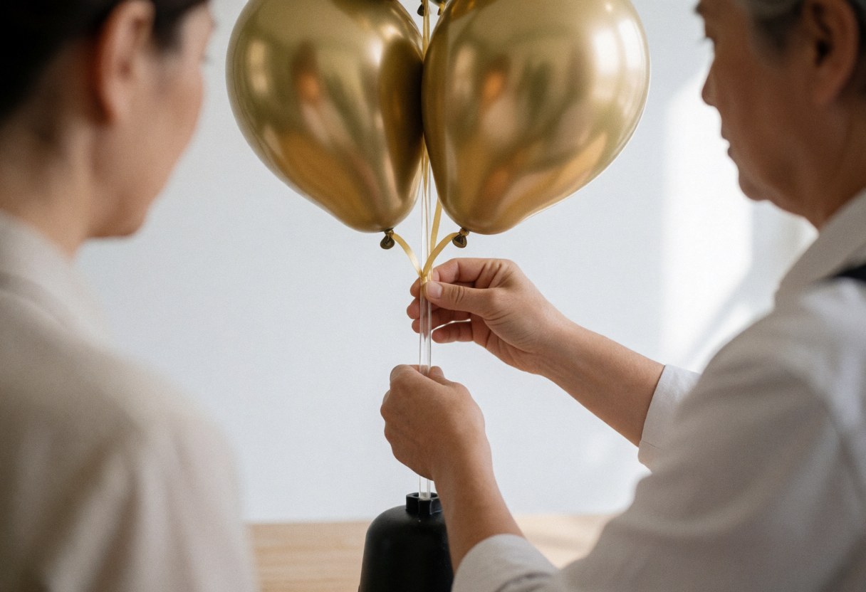 Professionnel manipulant des ballons métalliques dorés sur un fond de mur propre pour la décoration d'événements.