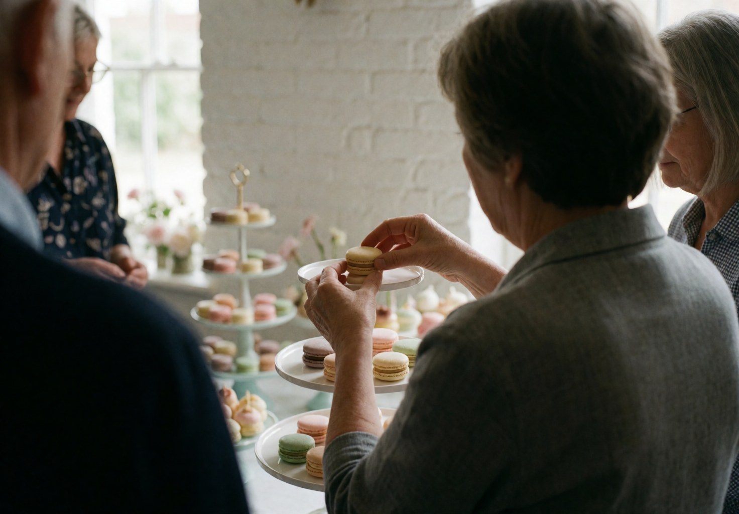 Un professionnel arrange soigneusement des macarons colorés sur un stand en bois dans un intérieur lumineux avec un mur de briques blanches.