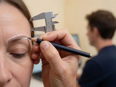 Main professionnelle traçant une ligne blanche précise sur le sourcil d'une cliente à l'aide d'un calibre métallique dans un salon de microblading.