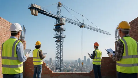 Travailleurs en tenue de sécurité sur un chantier avec une grue tour et des bâtiments en arrière-plan.
