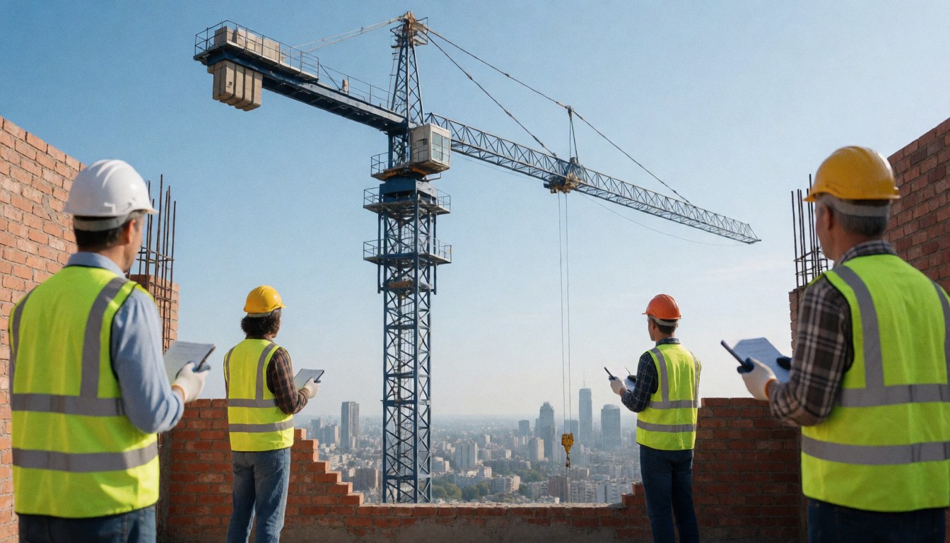 Travailleurs en tenue de sécurité sur un chantier avec une grue tour et des bâtiments en arrière-plan.