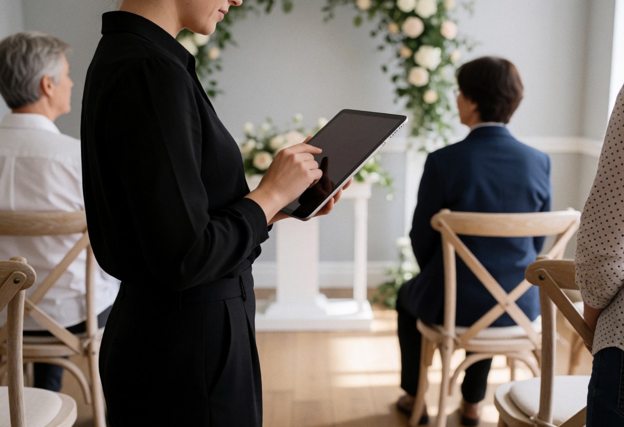 Un planificateur de mariage vérifie sa tablette près de l'autel orné d'un arc floral et de chaises en bois, devant un mur gris clair.