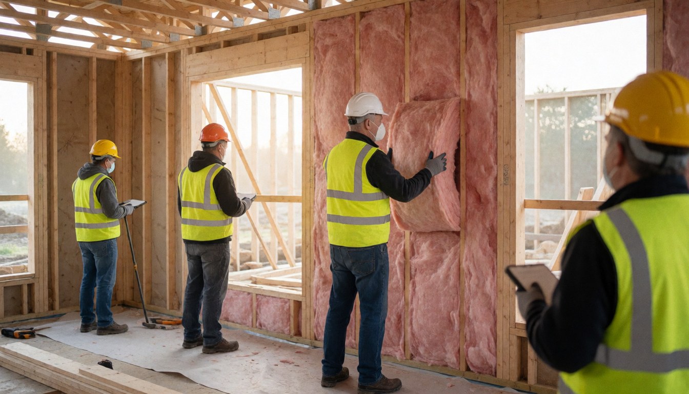 Quatre ouvriers en casques et gilets jaunes posent de la laine de verre rose entre les poutres d'une maison en construction.