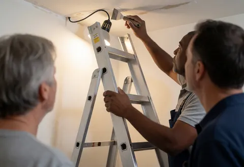 Un ouvrier sur une échelle répare un plafond à l'aide de ciseaux tandis que deux personnes observent les travaux dans une pièce aux murs blancs.
