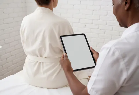 Un professionnel consulte des données sur une tablette tandis qu'un client attend sur une table de massage, dans un salon de beauté moderne aux murs blancs.