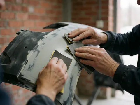 Des mains utilisent du papier abrasif pour lisser un remplissage gris sur un pare-chocs en plastique, avec un mur de briques rouges en arrière-plan.