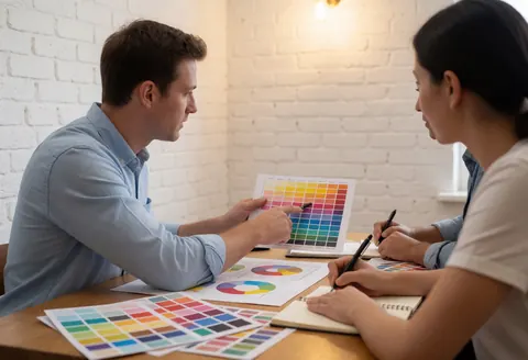 Deux professionnels consultent une palette de couleurs sur une table en bois dans un bureau aux murs de briques blanches lors d'une réunion de décoration.