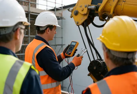 Un technicien en tenue jaune vérifie les connexions d'une grue à l'aide d'un multimètre et de clés, tandis que d'autres travailleurs observent la maintenance.