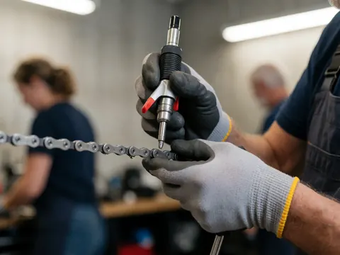 Gros plan d'une main portant un gant qui applique du lubrifiant sur la chaîne d'un vélo dans un atelier de réparation.