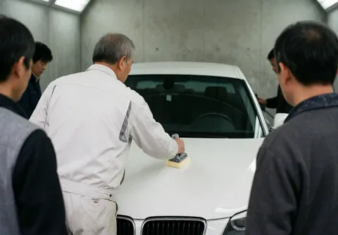 Un technicien applique un produit sur le capot d'une voiture blanche dans un atelier avec des murs en béton pendant que des personnes observent le service.