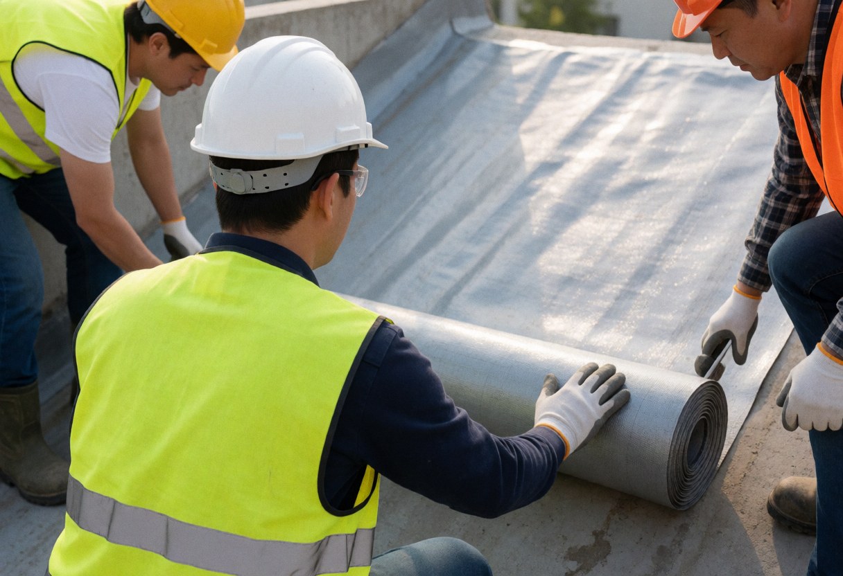 Trois ouvriers en tenue de sécurité installent une membrane d'étanchéité sur une terrasse, illustrant le service d'étanchéification en cours.