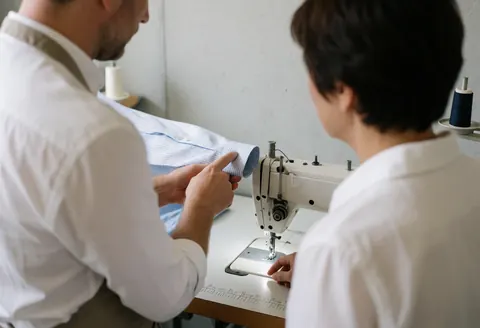 Repassage d'une chemise à l'aide d'une machine à coudre dans un atelier de couture.