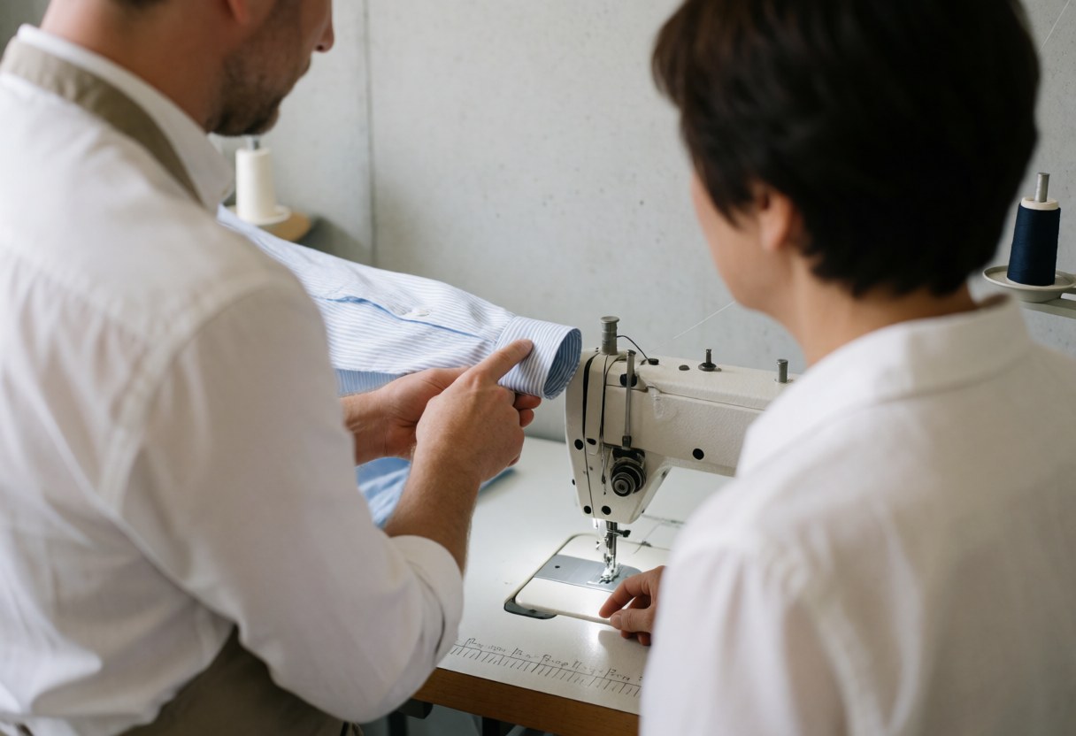 Repassage d'une chemise à l'aide d'une machine à coudre dans un atelier de couture.