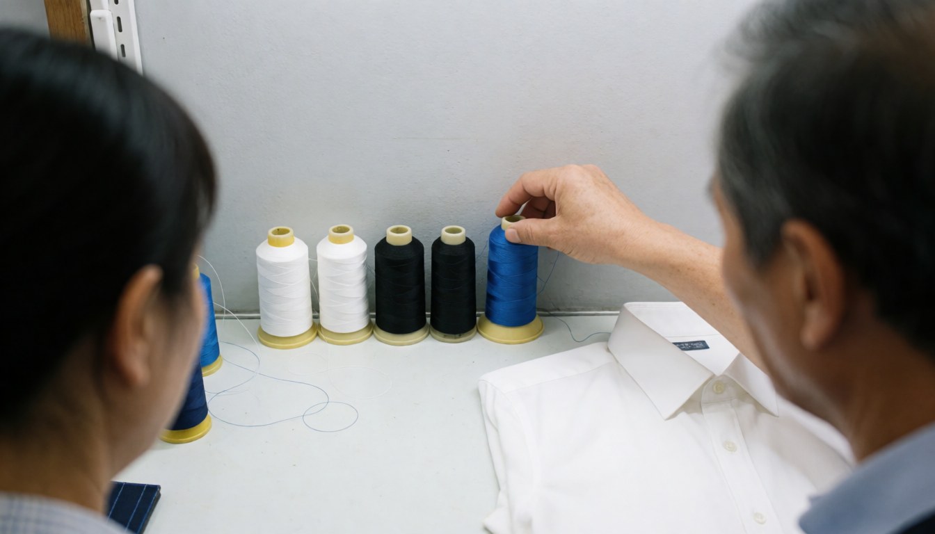 Main d'adulte sélectionnant du fil bleu parmi des fils blancs et noirs pour réparer une chemise blanche dans un atelier de couture.