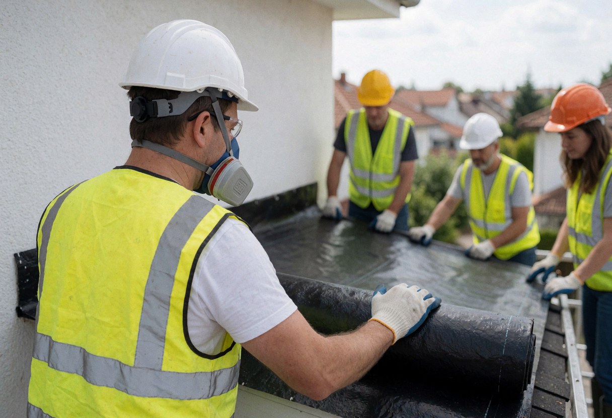Des ouvriers en casques et gilets jaunes installent une membrane noire sur un toit résidentiel, avec des murs blancs et un paysage suburbain en arrière-plan.