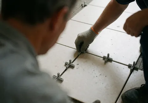 Un travailleur pose un séparateur en forme de T entre des carreaux de céramique sur le sol lors d'une installation de revêtement de sol.