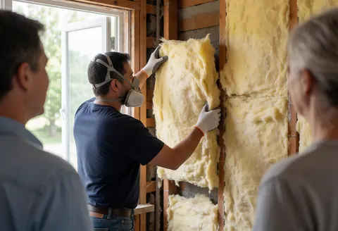 Un technicien pose de la laine de verre jaune sur un cadre en bois près d'une fenêtre ouverte avec des particules de poussière visibles dans l'air.