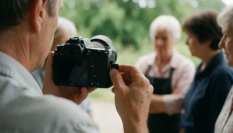 Un photographe professionnel prend des photos d'un groupe de personnes dans un cadre naturel, tenant sa caméra à la main, idéal pour illustrer un atelier de photographie.